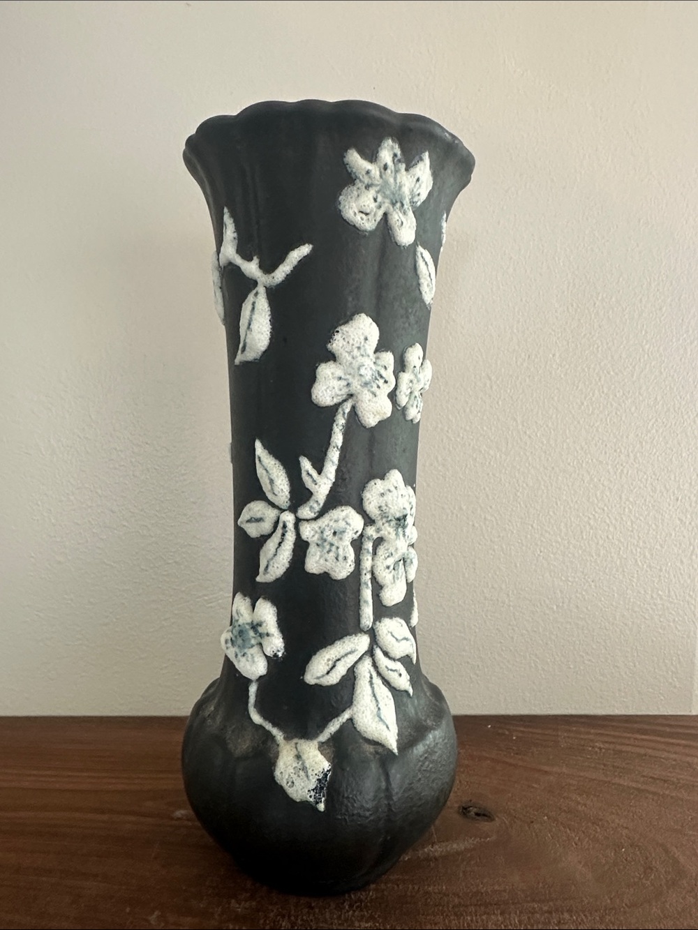 Vintage Japanese Tokanabe Style Black Matte Vase with Raised Floral Relief - 9”
